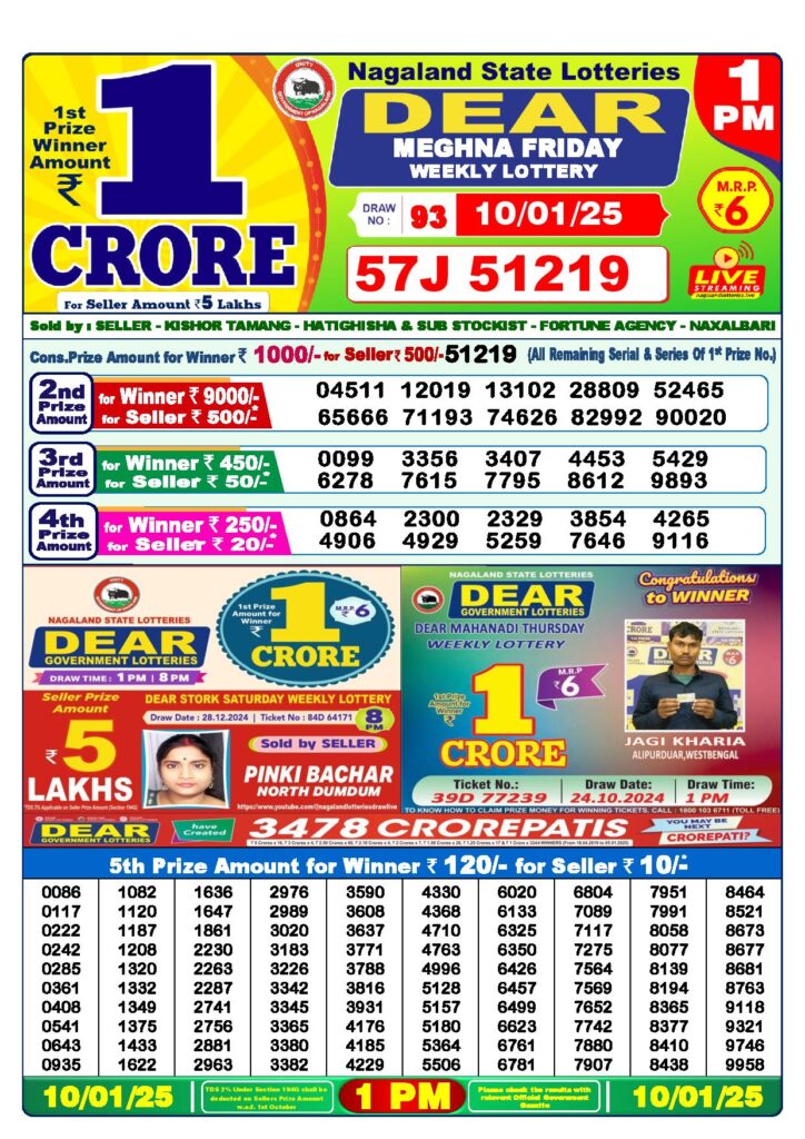 dear lottery result today 1 pm 10.01.2025 1