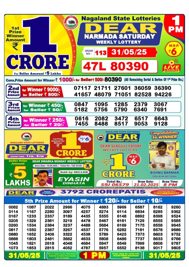 Dear Lottery 1 PM Result 31-5-2025