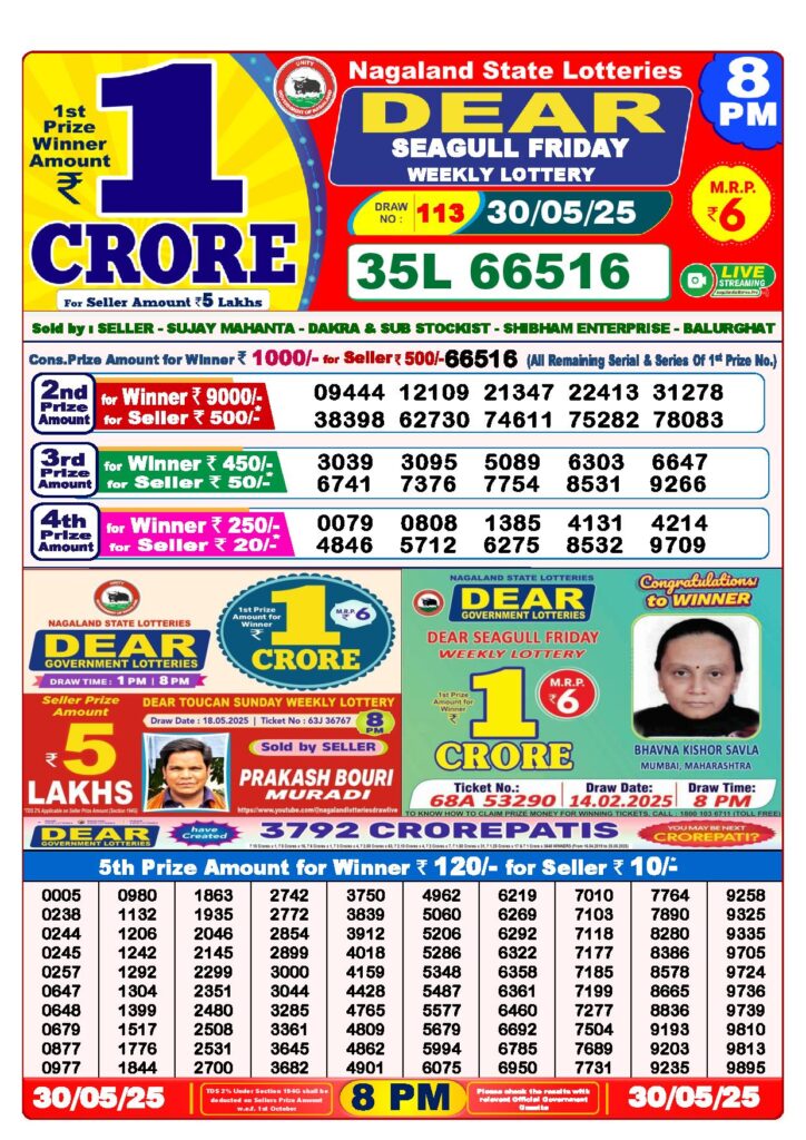 Dear lottery 8 PM Result 30-5-2025